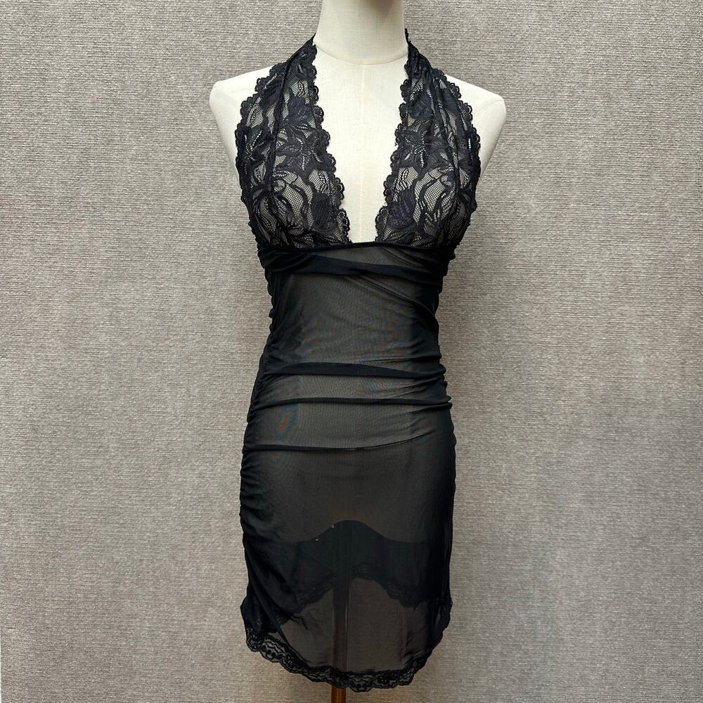 Frederick's of Hollywood Black Lace Halter Ruched Mesh Mini Dress - Size Medium